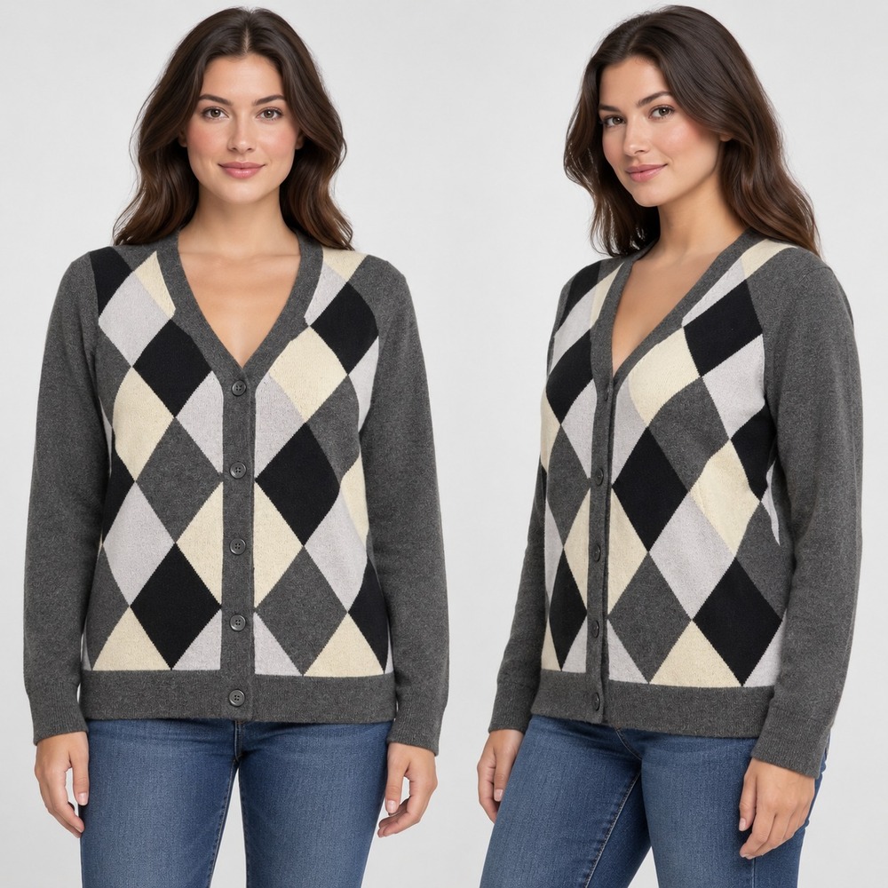 Bloomingdales 100% Cashmere Cardigan Sweater XL Gray Black Argyle V-Neck Knit